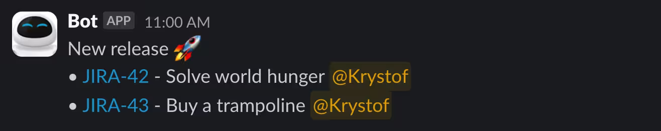 Example Slack message of new app release